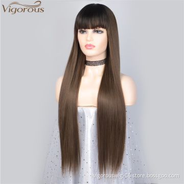 Vigorous Long Ombre Brown Wig Silky Straight Hair Wigs with Bangs Synthetic Hair Full Wigs for Women (Brown Straight with Bangs)